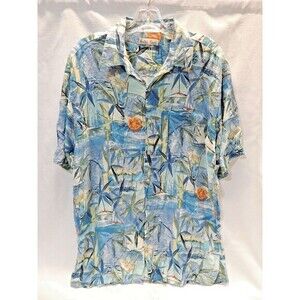 Hollis River Button Down Mens L Blue Tropical Rayon Hawaiian Camp Shirt Beach